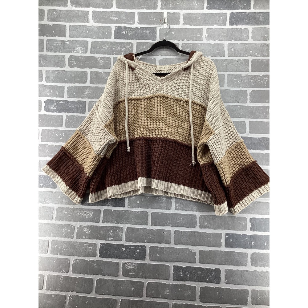Style U Chenille Chunky Knit Hoodie Sweater Colorblock Brown Cream UST96 M